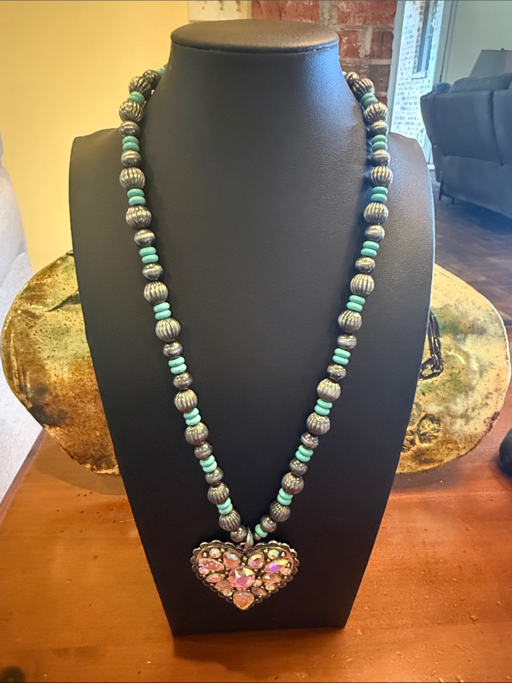 Turquoise Beaded Heart Pendant Necklace - Women Jewelry